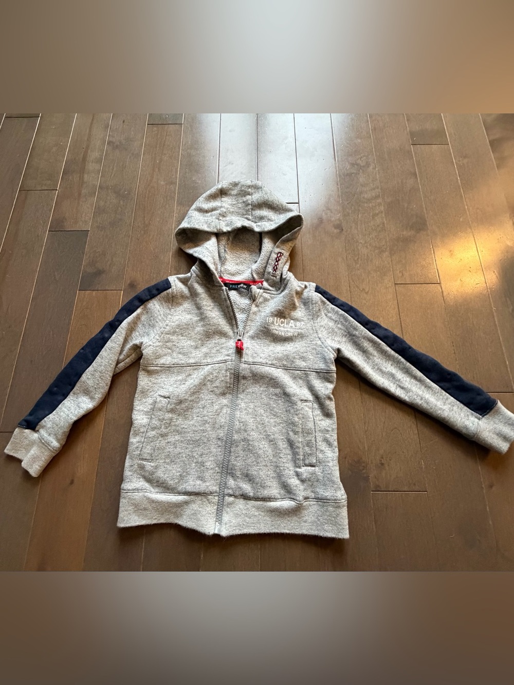 Review Kids Heather Gray Zip Hoodie with Navy Sleeve Stripes